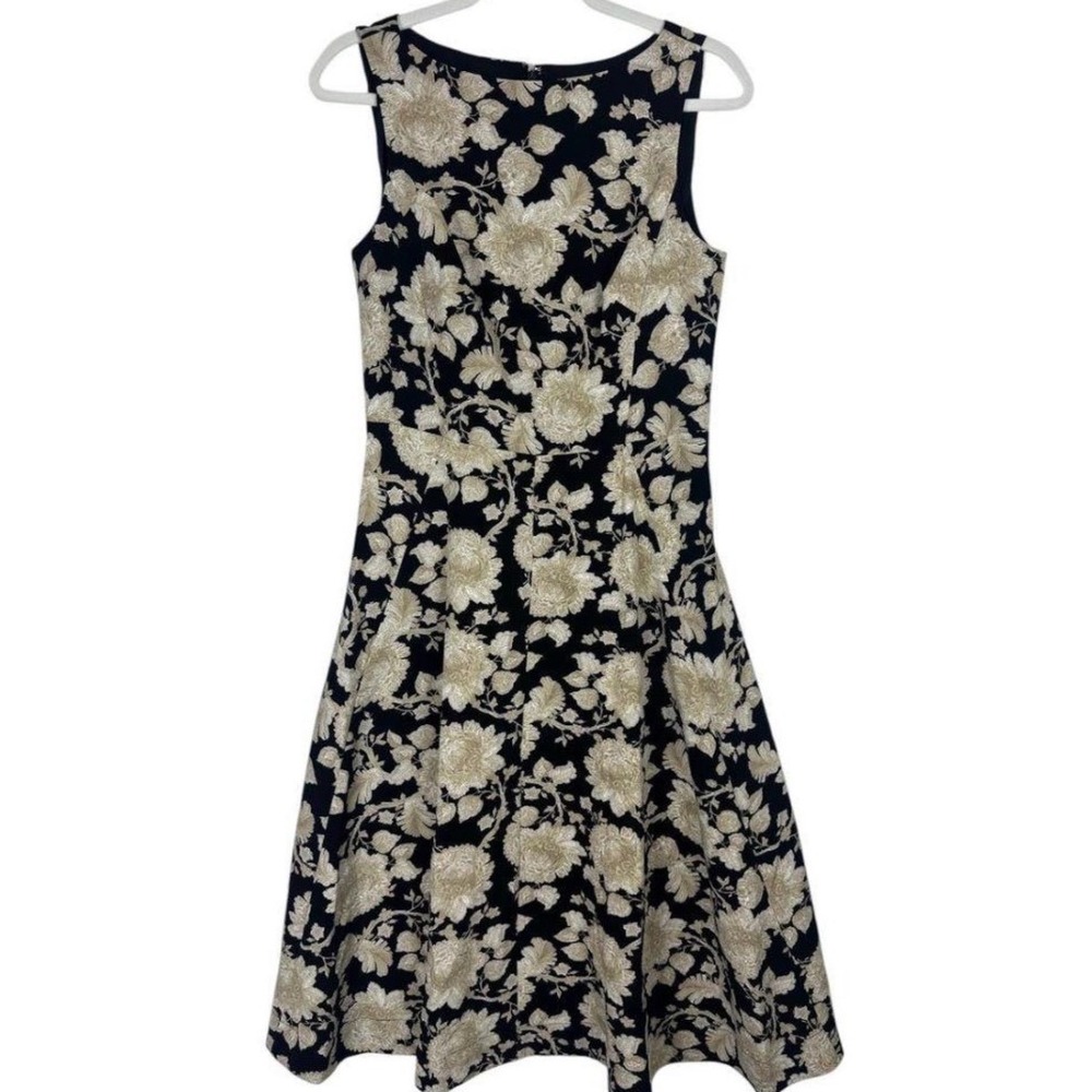 Tommy Hilfiger Floral Midi Dress Womens 14 New Fit Flare Gold Black MSRP $139